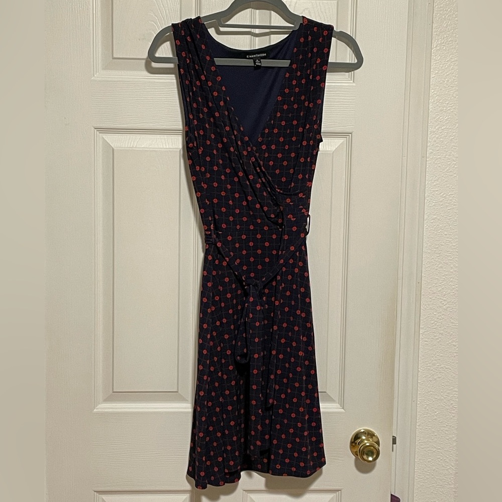 Navy & red faux wrap dress w/ sash belt; sz PM